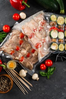 Raw packaged meat and vegetables for skewers