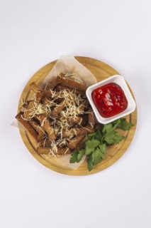 Fried toast with cheese and tomato sauce