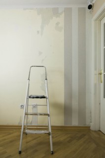 Step ladder by wall of torn wallpaper