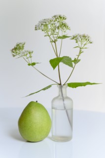 Pear next to wildflowers in vase