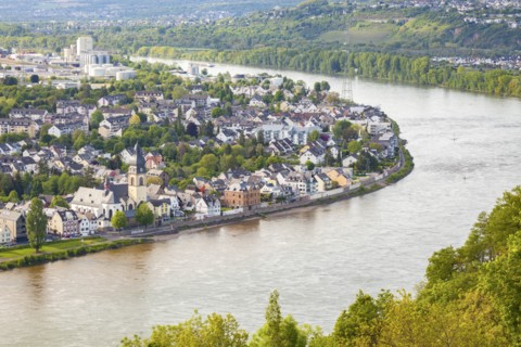 Buildings on bank of Rhine river in Koblenz, Germany