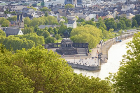 Buildings on bank of Rhine river in Koblenz, Germany