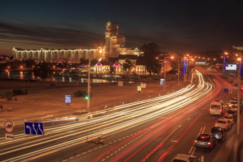 Light trails on road at night in Minsk, Belarus