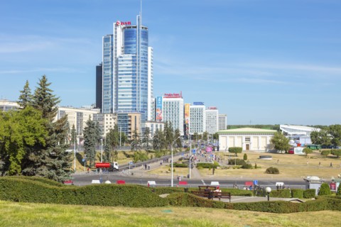 Park by modern office buildings in Minsk, Belarus