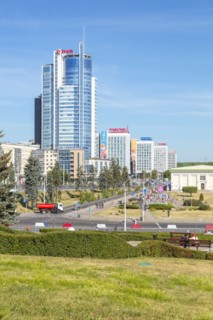 Park by modern office buildings in Minsk, Belarus