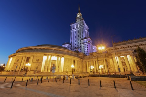 Palace of Culture and Science behind Congress Hall in Warsaw, Masovia, Poland