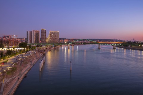 City skyline by Sava River at sunset in Belgrade, Serbia