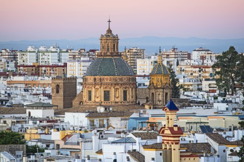 Cityscape with Church of Saint Louis of France in Seville, Andalusia, Spain