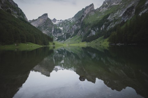 Seealpsee lake in Appenzell Alps, Switzerland