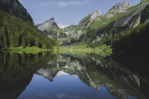 Seealpsee lake in Appenzell Alps, Switzerland