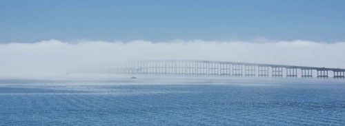 Bridge over sea in fog in Key Biscayne, Florida, USA