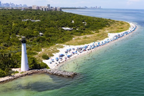Lighthouse on coastline in Key Biscayne, Florida, USA