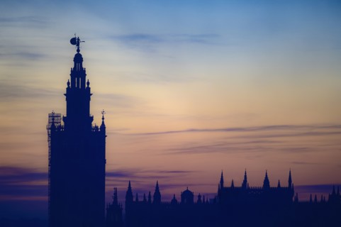 Giralda bell tower at sunset in Seville, Spain