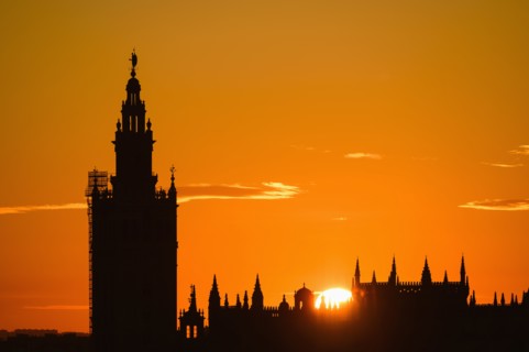 Giralda bell tower at sunset in Seville, Spain
