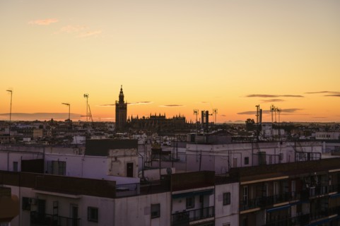 Cityscape with Giralda bell tower at sunset in Seville, Spain