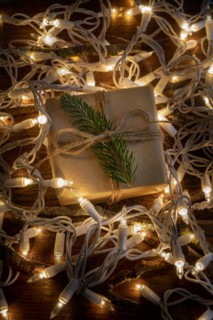 Christmas present amongst fairy lights