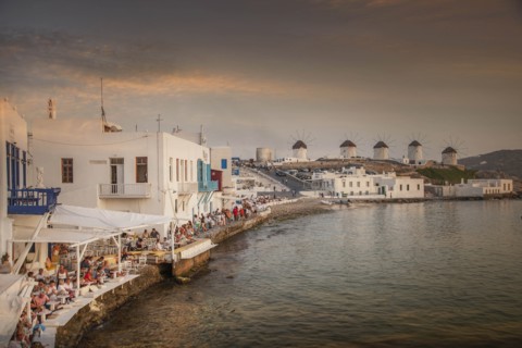 Restaurants on waterfront in Mykonos, Greece