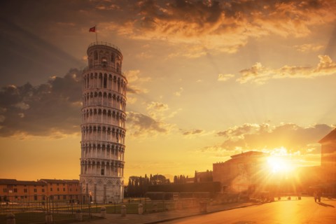 Leaning Tower of Pisa at sunset in Tuscany, Italy