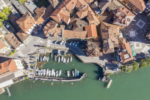 Aerial view of buildings and marina on Lake Como in Lombardy, Italy