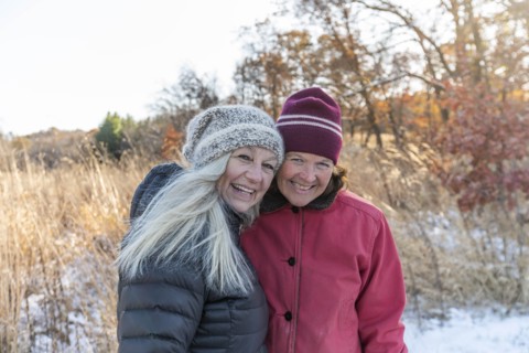 Smiling women wearing winter clothing