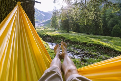 Man's legs in hammock by trees