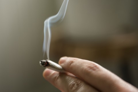 Hand of woman smoking marijuana joint