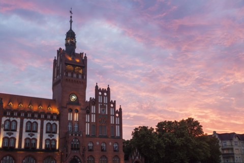 Slupsk Town Hall at sunset in Poland