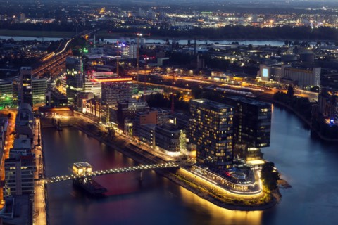 Aerial view of Dusseldorf at night in Germany