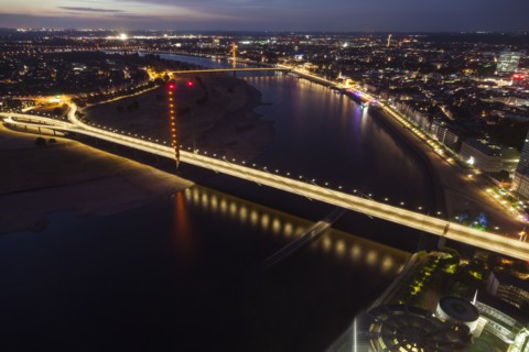 Aerial view of Rheinkniebrucke at night in Dusseldorf, Germany