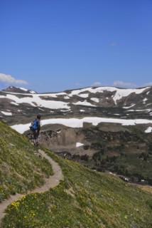 Woman looking at view while hiking on Loveland Pass, Colorado