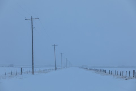 Power lines by snow on highway