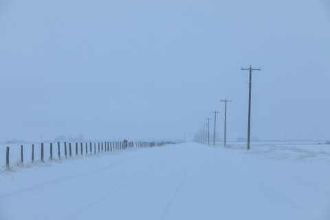 Power lines by snow on highway