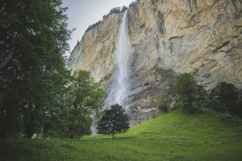 Waterfall and cliff in Lauterbrunnen, Switzerland