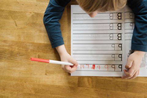 Overhead view of boy (4-5) practicing writing letters in workbook