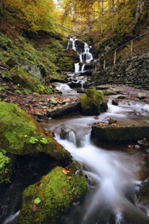Ukraine, Zakarpattia region, Carpathians, Verkhniy Shypot waterfall, Blurred waterfall in autumn woods