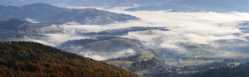 Ukraine, Zakarpattia region, Carpathians, Borzhava, Foggy hills of Carpathian Mountains at sunrise