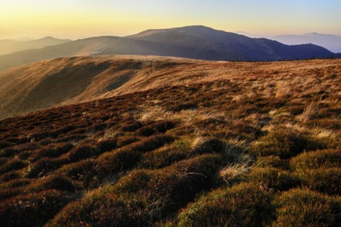 Ukraine, Zakarpattia region, Carpathians, Borzhava, Carpathian Mountains at sunset