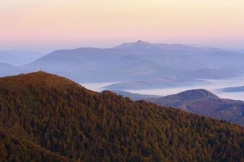 Ukraine, Zakarpattia region, Carpathians, Borzhava, Carpathian Mountains at sunset