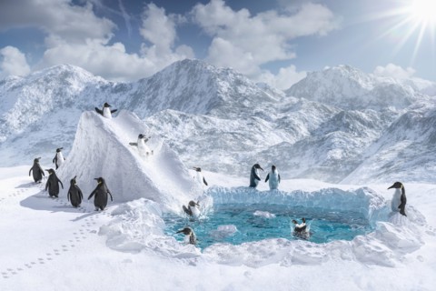 Penguins playing on slide and in pool