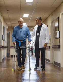 Doctor helping senior man use walking frame