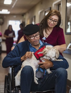 Smiling nurse pushing senior man holding dog in wheelchair