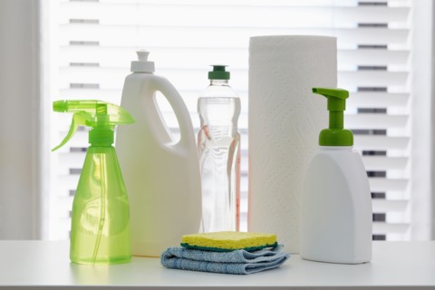 Cleaning supplies on bench