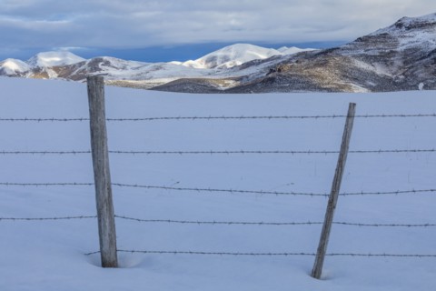 Barbed wire fence in snow with mountains in distance