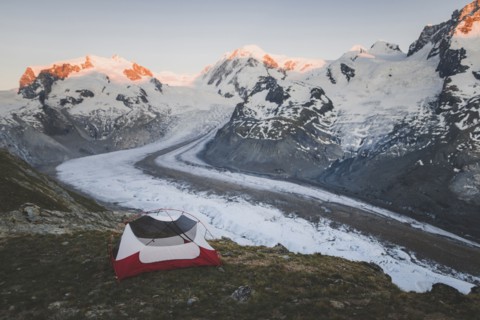 Tent by Gorner Glacier in Valais, Switzerland