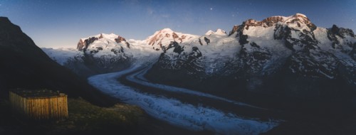 Shed by Gorner Glacier at sunset in Valais, Switzerland