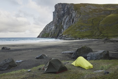 Tents on Kvalvika beach in Lofoten Islands, Norway