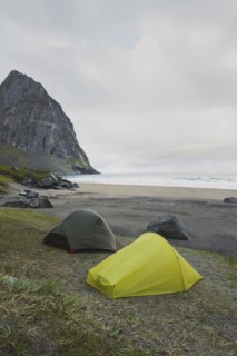 Tents on Kvalvika beach in Lofoten Islands, Norway