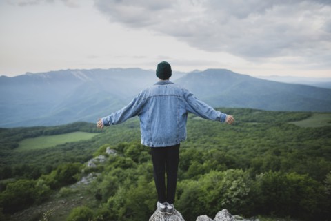 Man standing on cliff by mountain and forest
