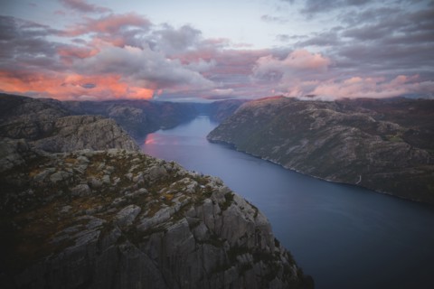 Preikestolen cliff by Lysefjord at sunset in Rogaland, Norway