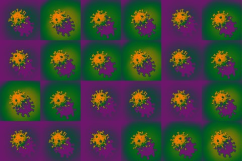 Multi-graphic of Coronavirus models on colorful backgrounds